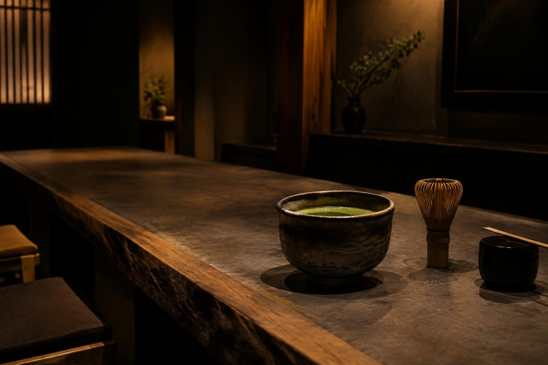 Matcha bowl and bamboo whisk on a stone and oak counter