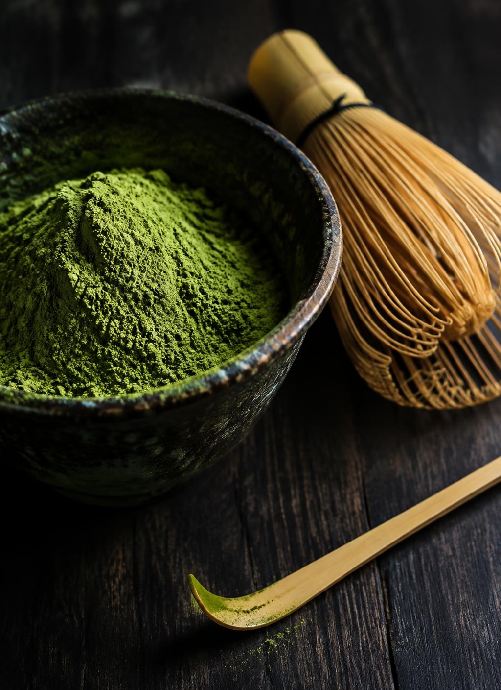 Matcha powder with chasen and chashaku