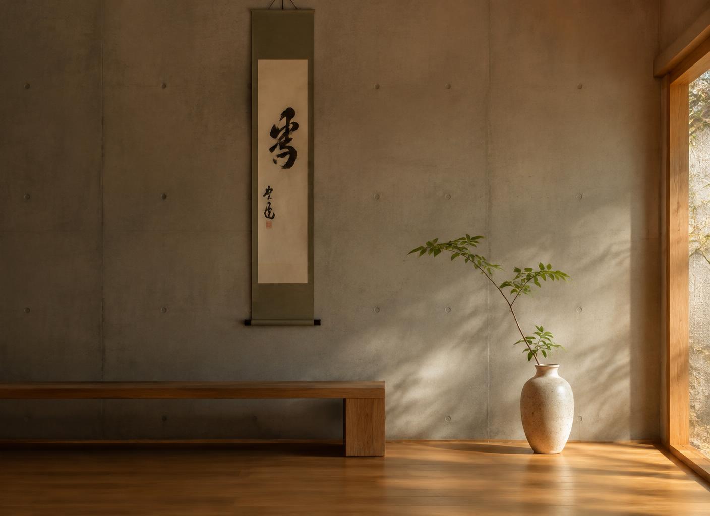 Concrete wall with calligraphy scroll, oak bench and a single branch